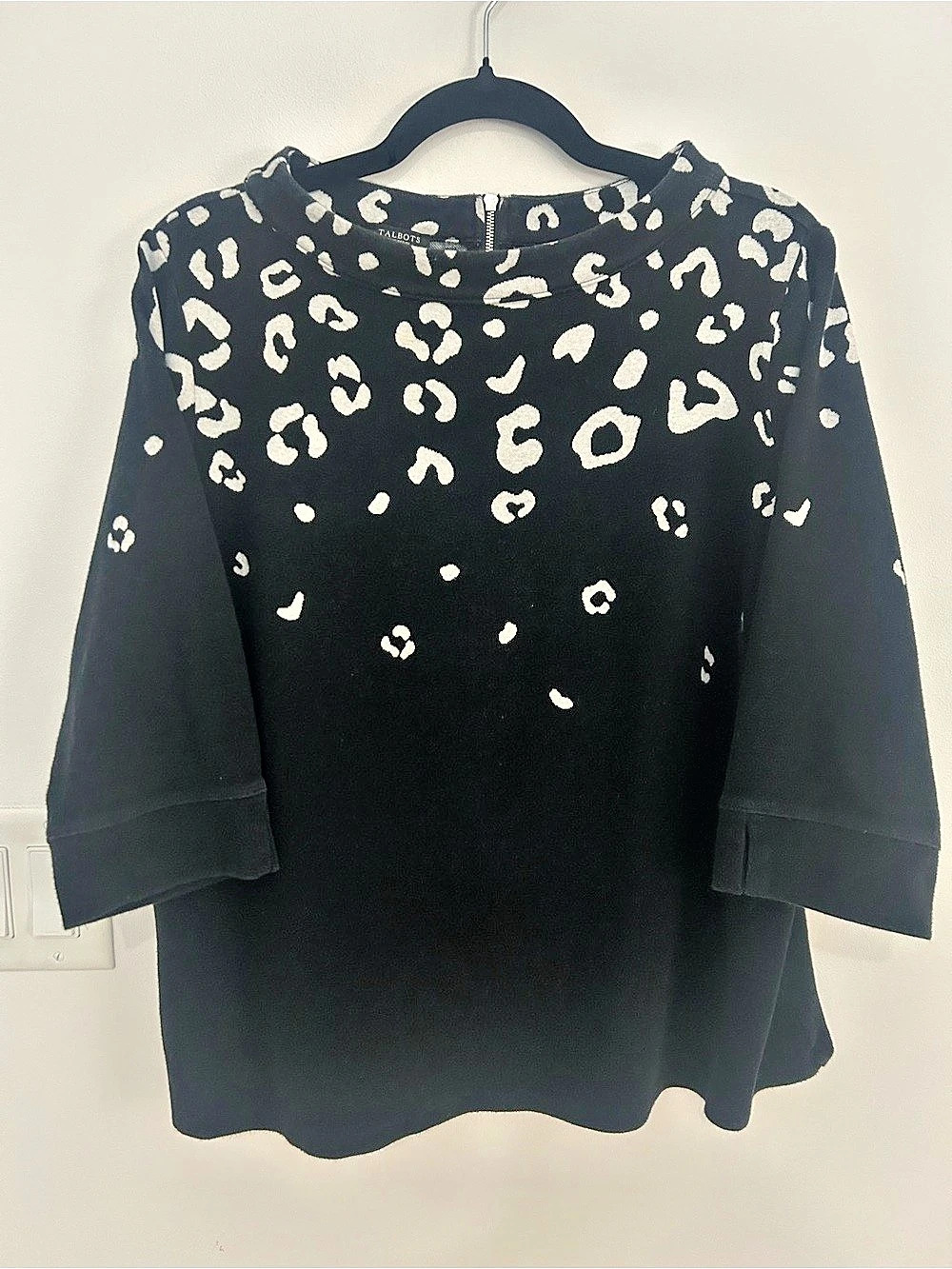 Talbots Sweater Womens 2X Petite Black Cream Leopard Print 3/4 Sleeve Classic